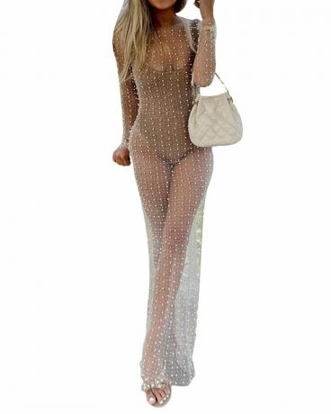 Maxi-jurk met doorzichtige mesh-parels en strass-bedekkers