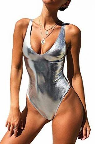 Jednoczęściowy kostium kąpielowy push-up w płynnym metalicznym brokacie 