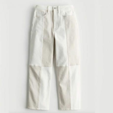 Białe patchworkowe jeansy vintage z wysokim stanem i prostymi nogawkami