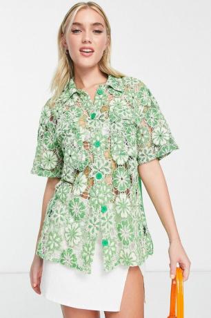  Koszula z krótkim rękawem w zielonym kwiatowym szydełku