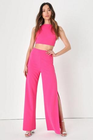 Gebalanceerde perfectie Felroze gestrikte tweedelige jumpsuit met wijde pijpen