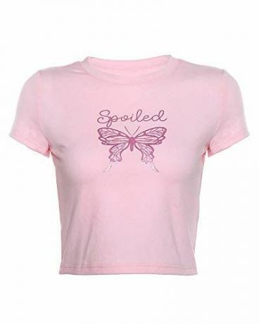 Avanova Dames Butterfly Graphic Letter Printed Short Sleeve Round Neck Crop Top T Shirt Pink 01 Small