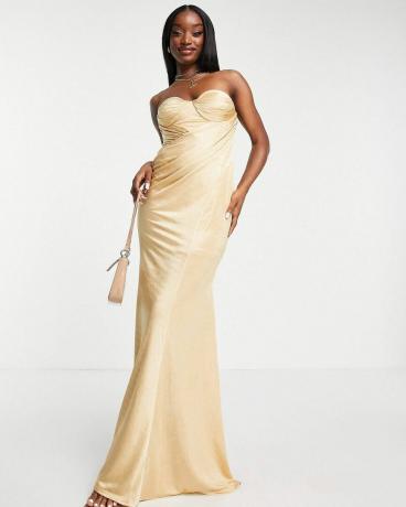 bandeau tuck drape maxi dress warna emas