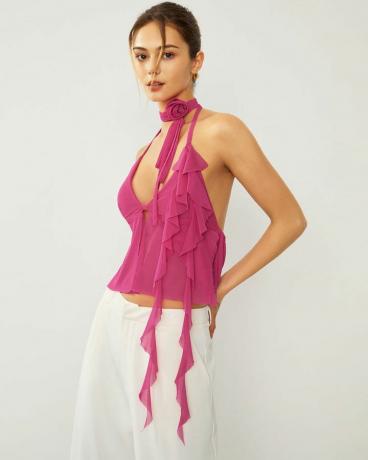 Ruffle Open Back Halter ตาข่ายครอบตัด