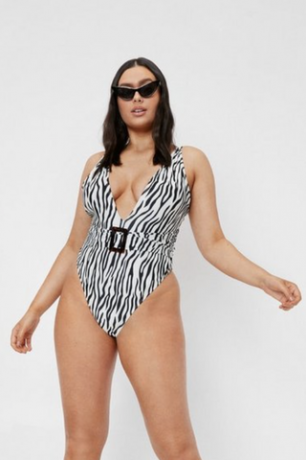 Plunging Zebra Print Belted Swimsuit