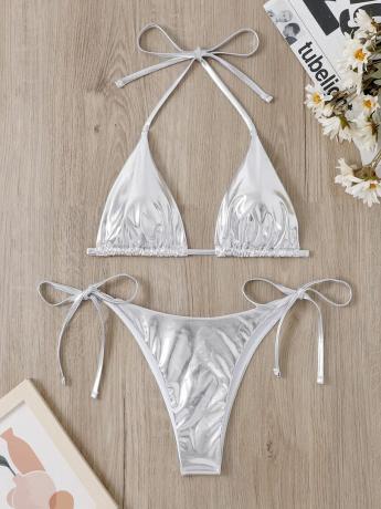 Maillot de bain bikini triangle métallisé à nouer sur les côtés