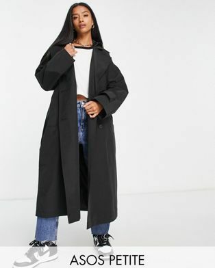 Trench Petite nero con cappuccio in ecopelle