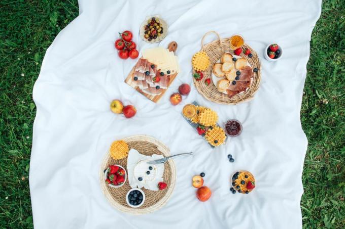 piknik s chutným a zdravým jídlem v přírodě pěkně naservírované piknikové jídlo v přírodě ovoce, zelenina, sýr, Jamon a krutony na piknik strávený venku bílý ubrus nebo přehoz na trávě pohled shora na piknik