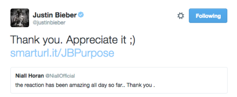 Justin Bieber Tweet til Niall Horan