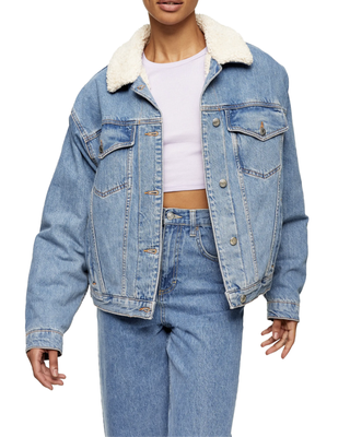 Faux Shearling Trim Denim Jacket