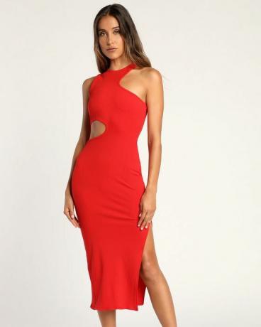 Catching Looks rode asymmetrische uitgesneden bodycon midi-jurk