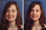 Meisje rapporteert middelbare school zwaar Photoshops jaarboekfoto's