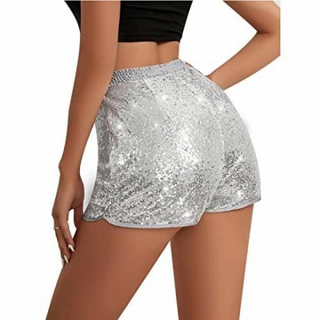 YHYJMY naiste kõrge vöökohaga litritega Performance Glitter Clubwear lühikesed püksid (237480-Silver-L)