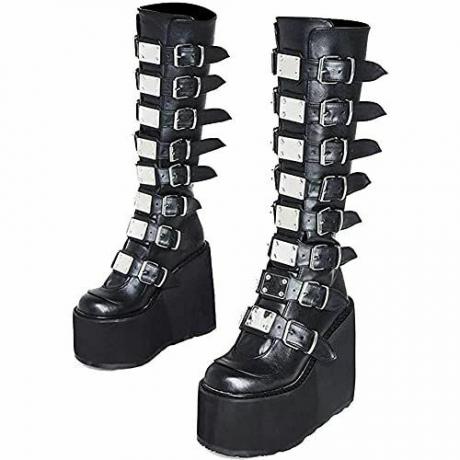 Goth-knehøye støvletter for kvinner med høy hæl motorsykkelplattform Combat ankelstøvler