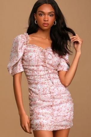Tinleigh Pink Floral Print Ruched Puff Sleeve Bodycon მინი კაბა