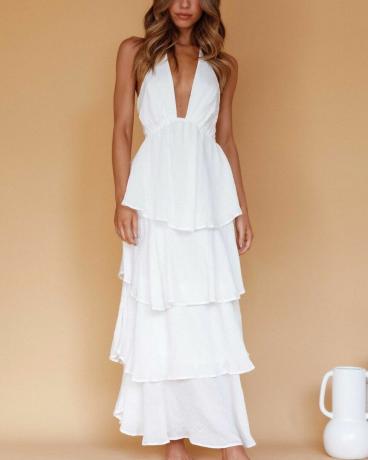 Biała, warstwowa sukienka maxi z falbaną Catalina