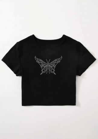 Camiseta de mariposa con diamantes de imitación de talla grande