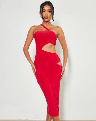 Червона сукня мідаксі з деталями з деталями з обтягуючими ремінцями з різними вирізами