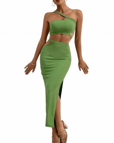 2 Piece Cut Out One Shoulder Crop Top dan Set Rok