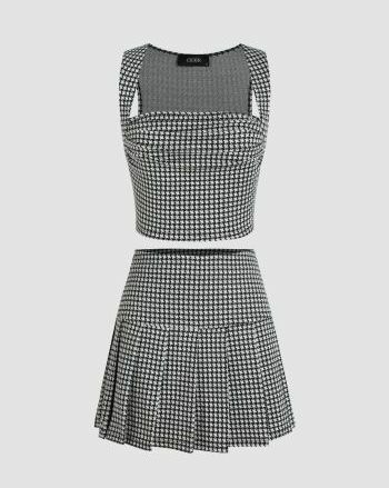 Sada tílka a skládané minisukně Houndstooth Crop