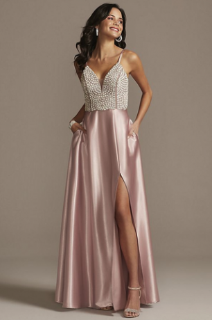 Plunging-V Beaded Bodice Satin Gown with Slit