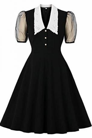 Juodai balta vintažinė gotikinė suknelė tinklinėmis rankovėmis