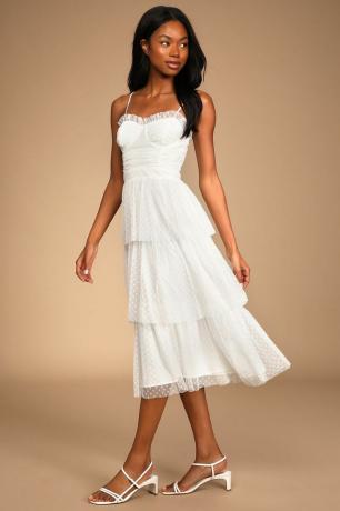 Biała warstwowa gorsetowa sukienka midi w stylu kochanie w kropki