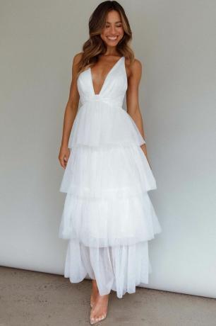 فستان Auguste متوسط ​​الطول بكشكشة متدرج أبيض