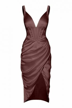 Шелковистое плиссированное драпированное платье-бюстье в корсетном стиле с глубоким V-образным вырезом миди