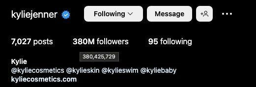 Počet nasledovníkov Kylie Jennerovej o 625 pm est