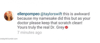 Menneske Meredith Gray Sendte Taylor Swift Den sødeste besked, efter at kat Meredith Gray ridsede hendes ben