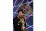 Laserowy kot chłopiec dostaje zdjęcie w roczniku portretowym z dyrektorem