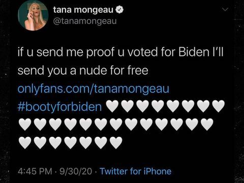 screengrab tweetu tana mongeau nabízející rozesílání aktů lidem hlasujícím pro biden