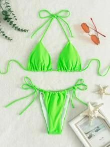 Bikini halter con lazo en la espalda y triángulo color lima neón