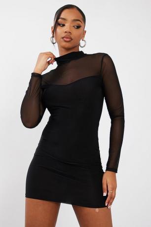 Черное облегающее платье с сетчатой ​​вставкой и длинными рукавами черного цвета