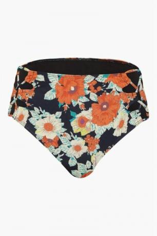 Vintage bikiniunderdel med snøring på sidene med høy midje i marineblått og oransje blomstertrykk