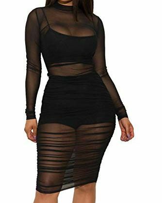 Mesh genomskinlig Bodycon Klänning med Shorts, Crop Top