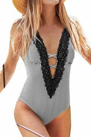 CUPSHE Women's Wish You Well Lace One Piece Swimsuit Beach Swimwear Купальный костюм M Черный Белый