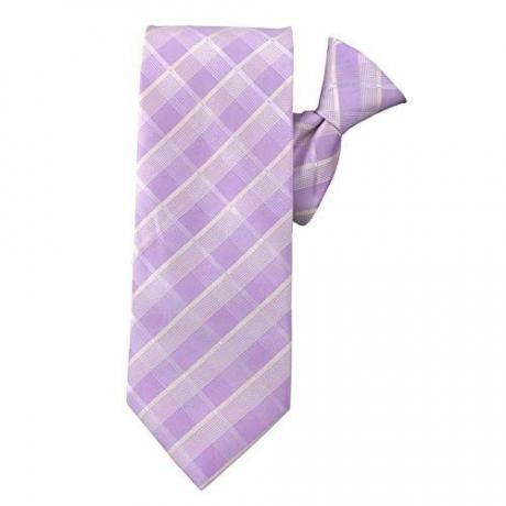 Wstępnie zawiązany krawat w kratę z klipsem — lawendowo-biały